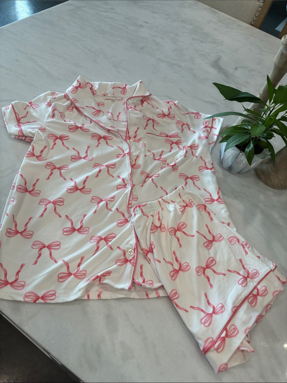 Pink Bow Print womens Pajama Set - Soft Short Sleeve Top & Shorts